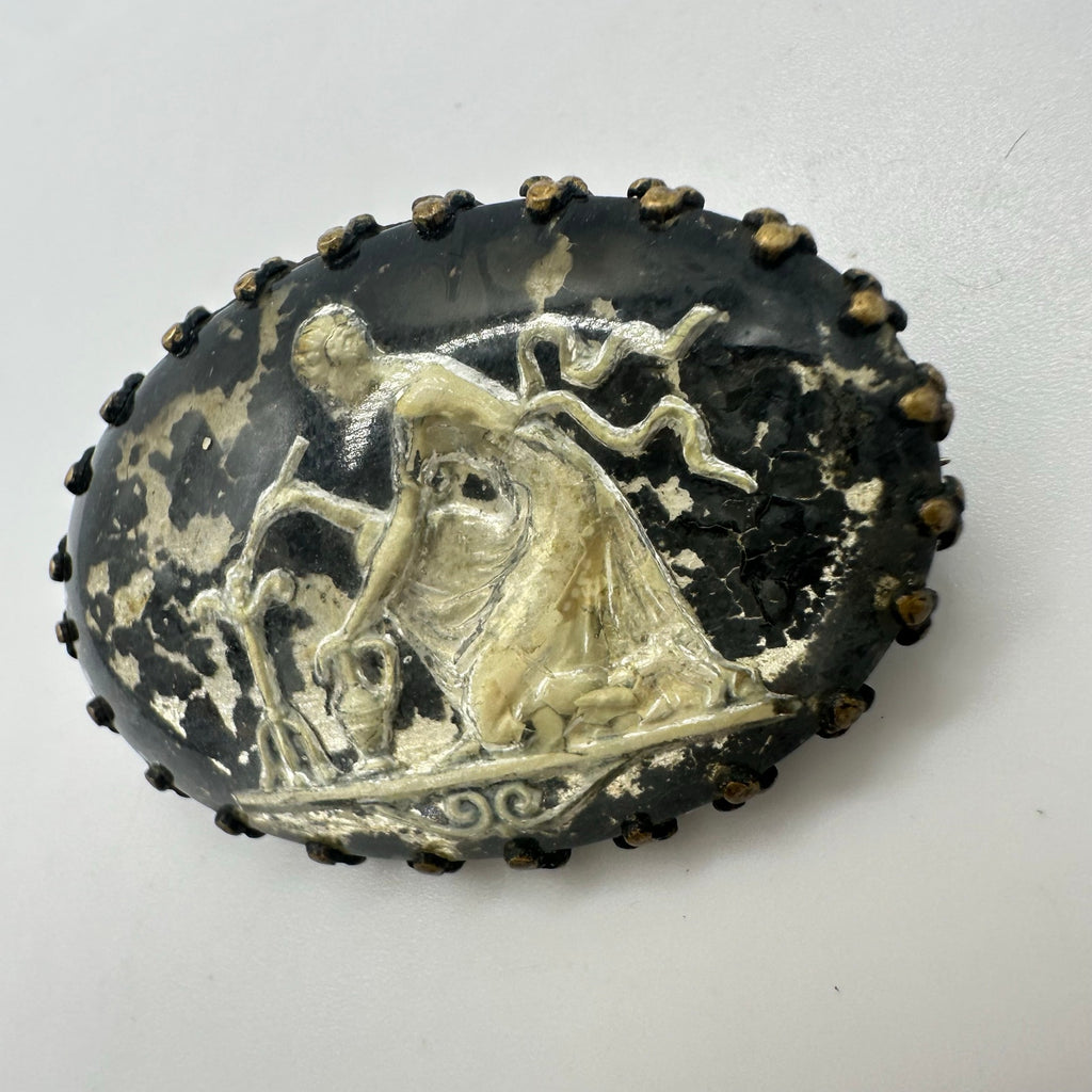 Antique Art Deco brass cut glass reverse foiled intaglio woman cameo brooch pin