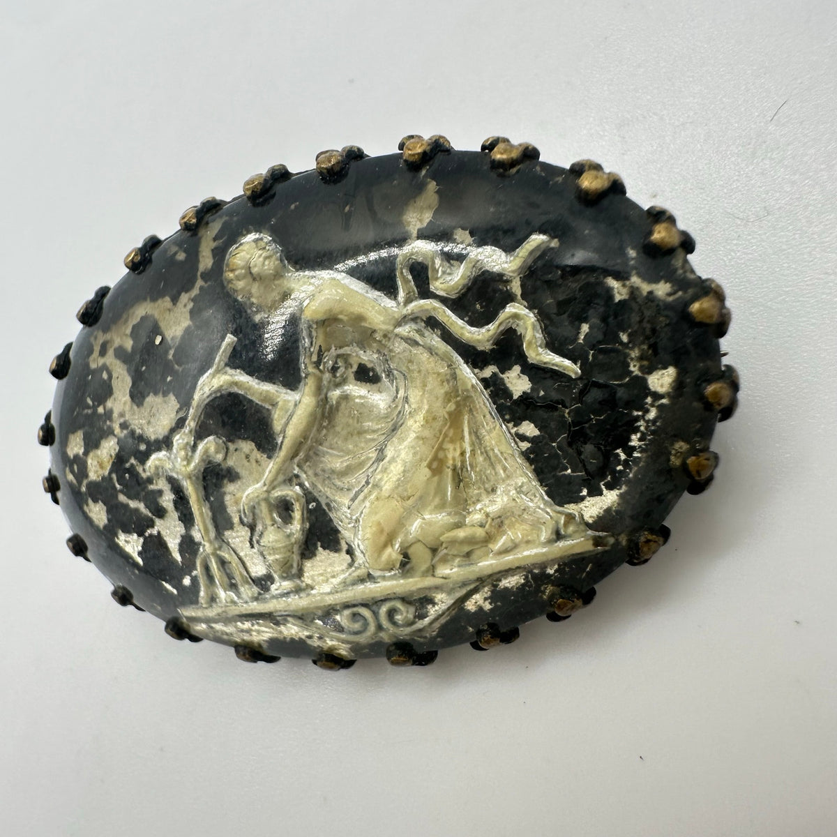 Antique Art Deco brass cut glass reverse foiled intaglio woman cameo brooch pin