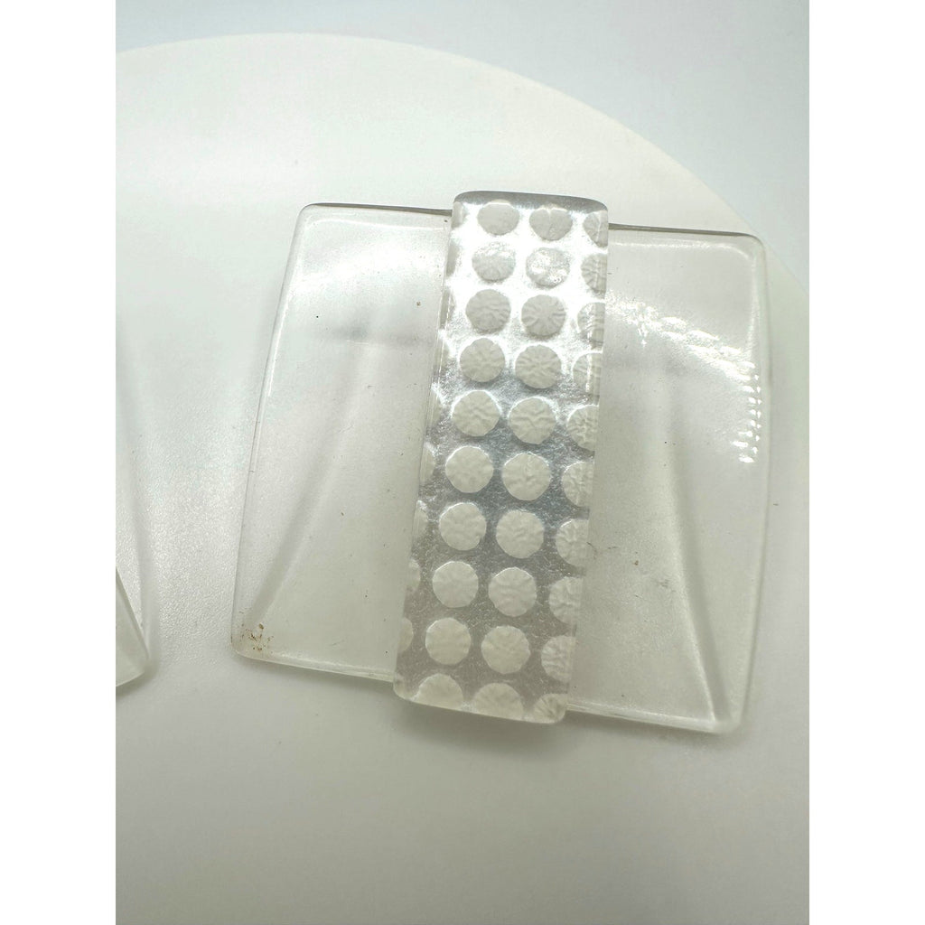 Vintage large 1.5" square clear white silver tone dotted lucite clip on earrings