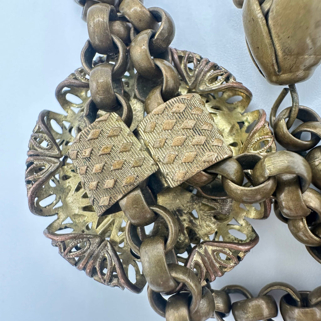 Antique Art Deco gold tone brass Czech glass rhinestones slider tassel necklace