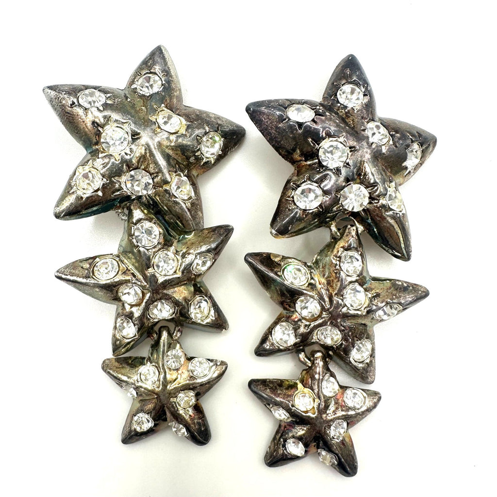 Vintage 1990s silver tone clear rhinestones 3 stars dangle drop clip on earrings