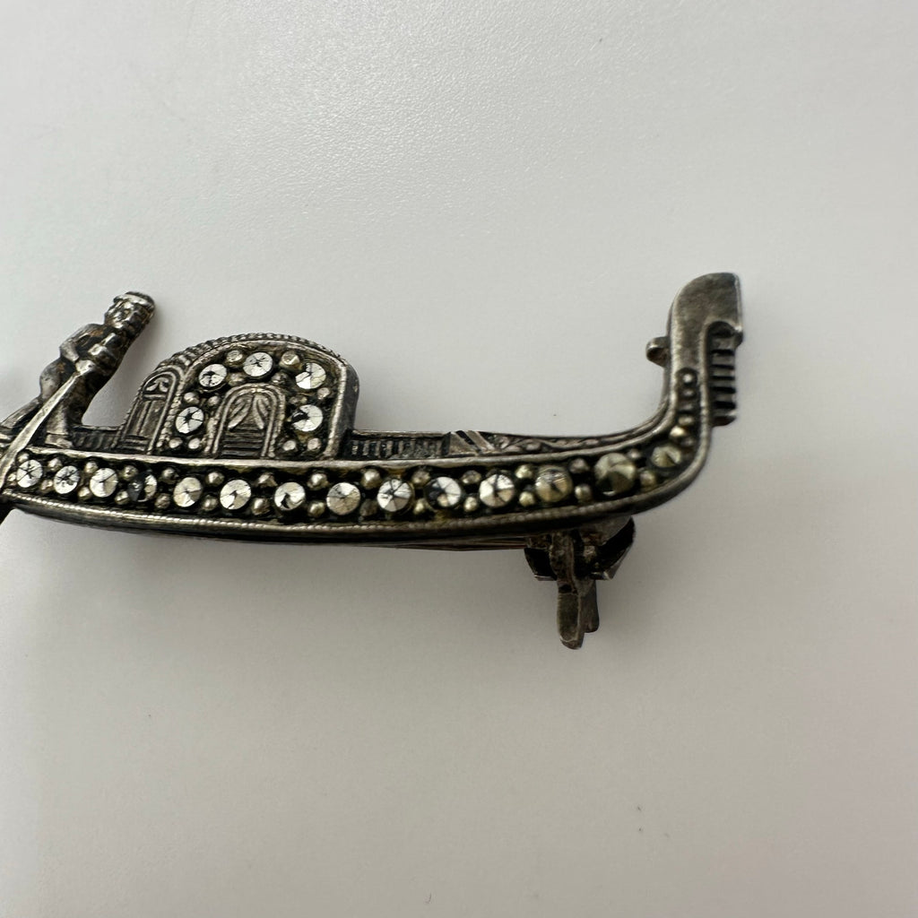 Antique Art Deco 925 sterling silver marcasite gondola boat figural brooch pin