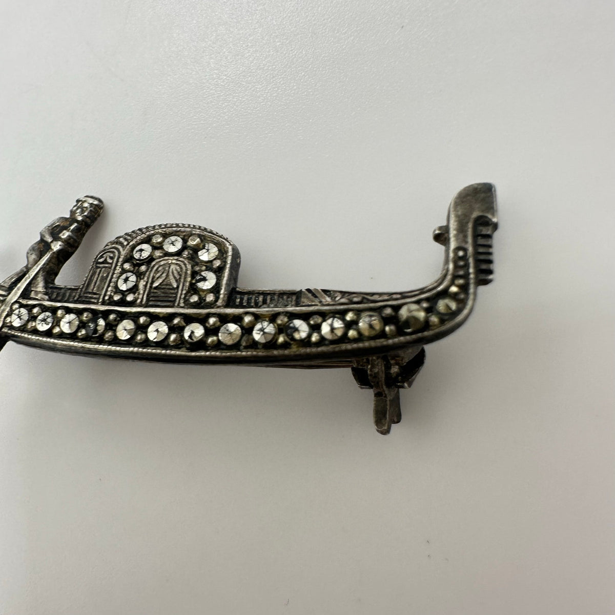 Antique Art Deco 925 sterling silver marcasite gondola boat figural brooch pin