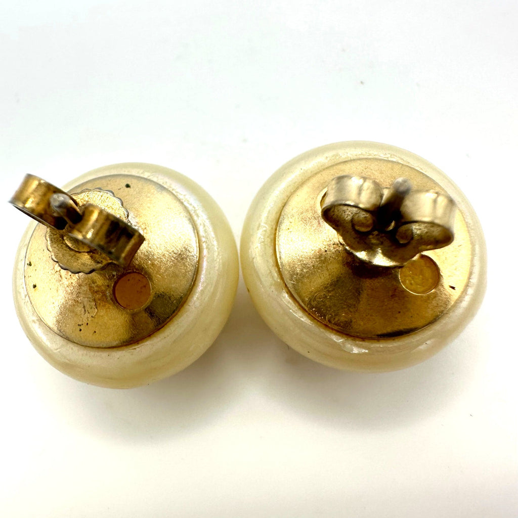 Vintage gold tone AB rhinestones domed cream lucite post earrings
