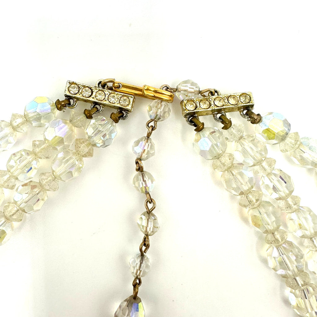 Vintage triple strand AB glass beaded gold tone filigree rhinestone necklace