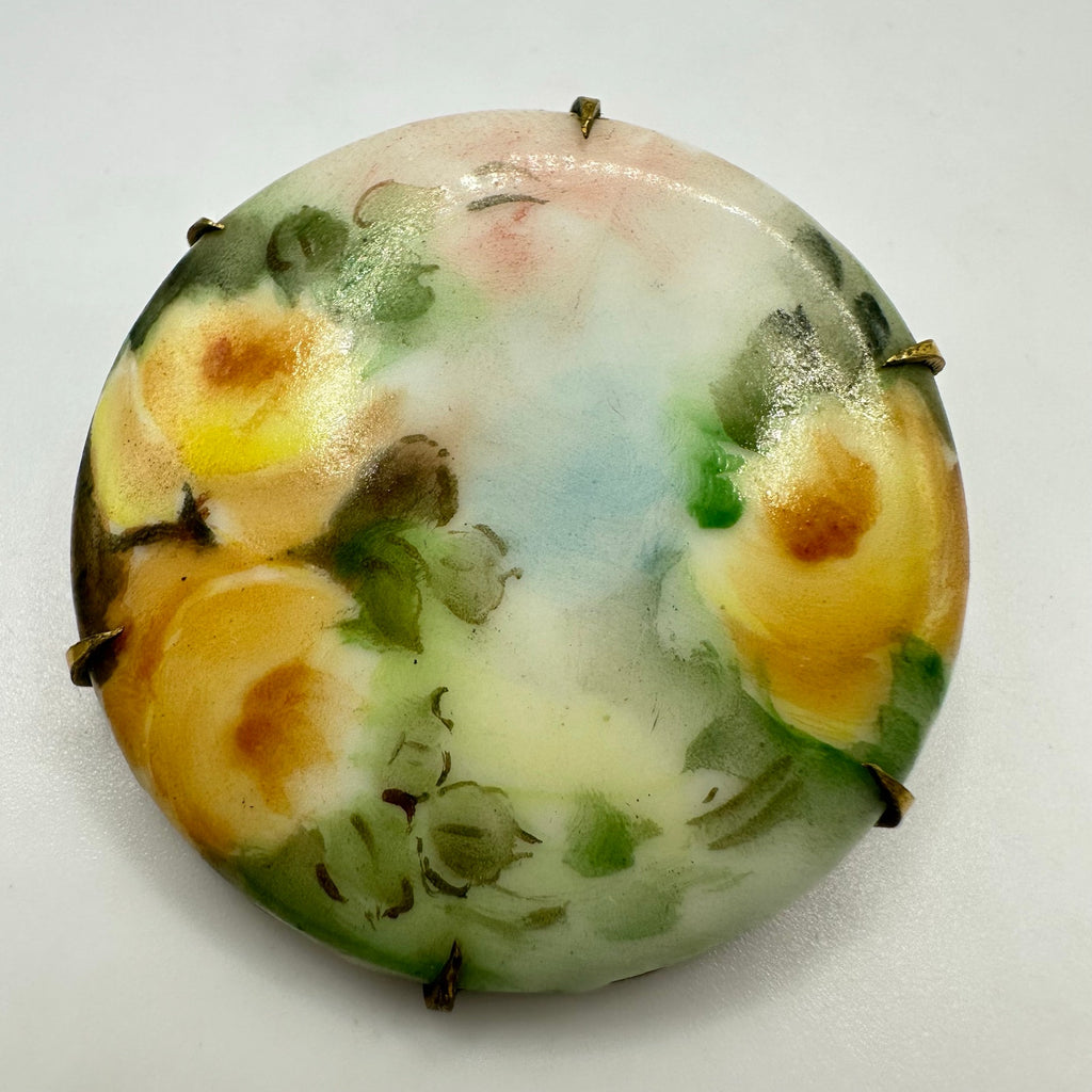 Antique Victorian Edwardian hand painted green yellow round floral brooch pin
