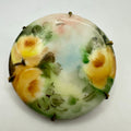 Antique Victorian Edwardian hand painted green yellow round floral brooch pin