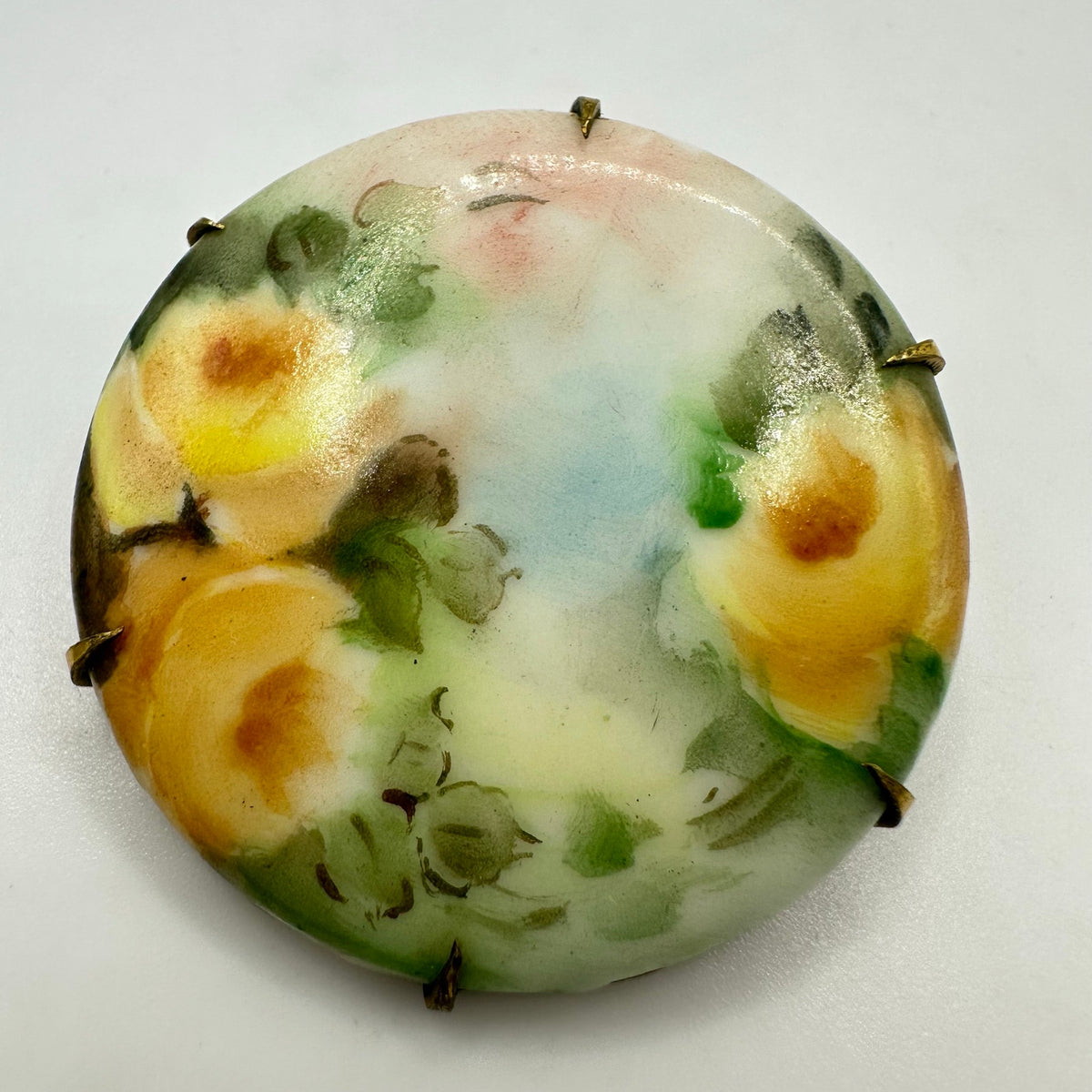 Antique Victorian Edwardian hand painted green yellow round floral brooch pin