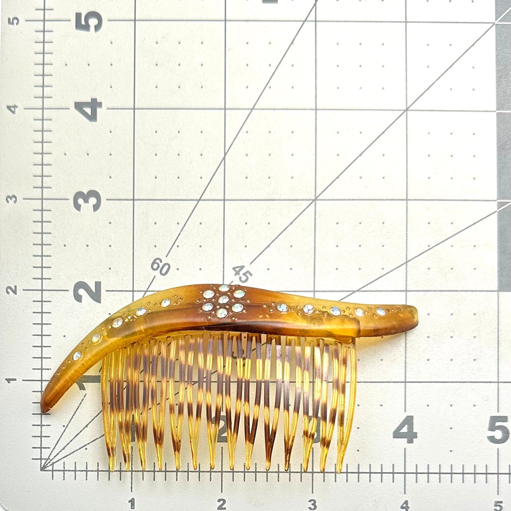 Made in USA vintage faux tortoiseshell celluloid AB rhinestones hair comb
