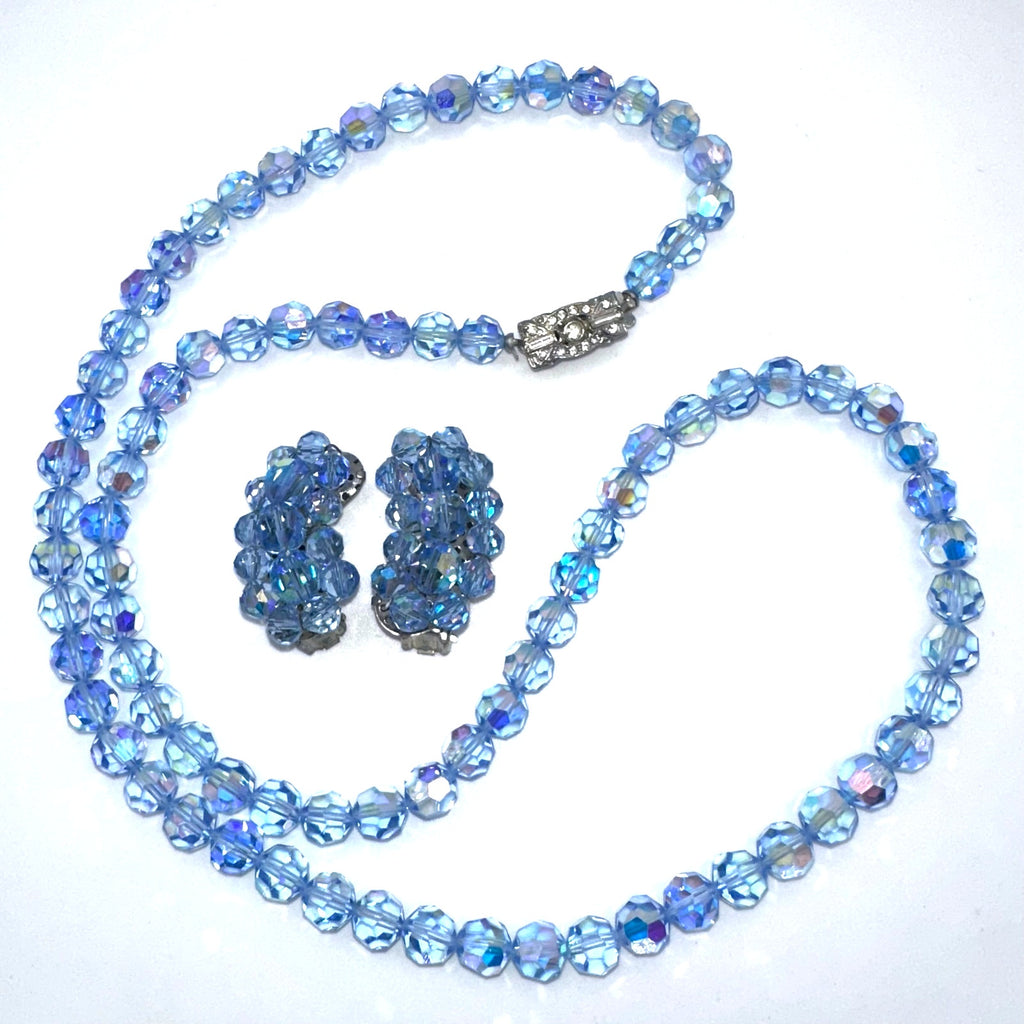 Vintage light blue aurora borealis AB glass beaded necklace clip on earrings