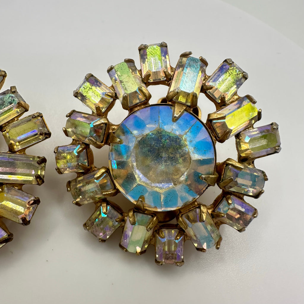 1950s vintage gold tone aurora borealis AB glass rhinestones clip on earrings
