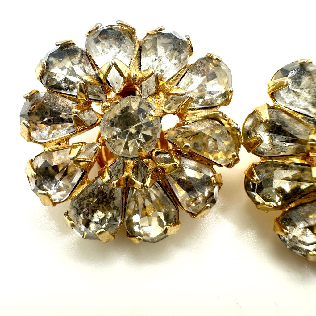 Vintage gold plated clear glass rhinestones round floral clip on earrings