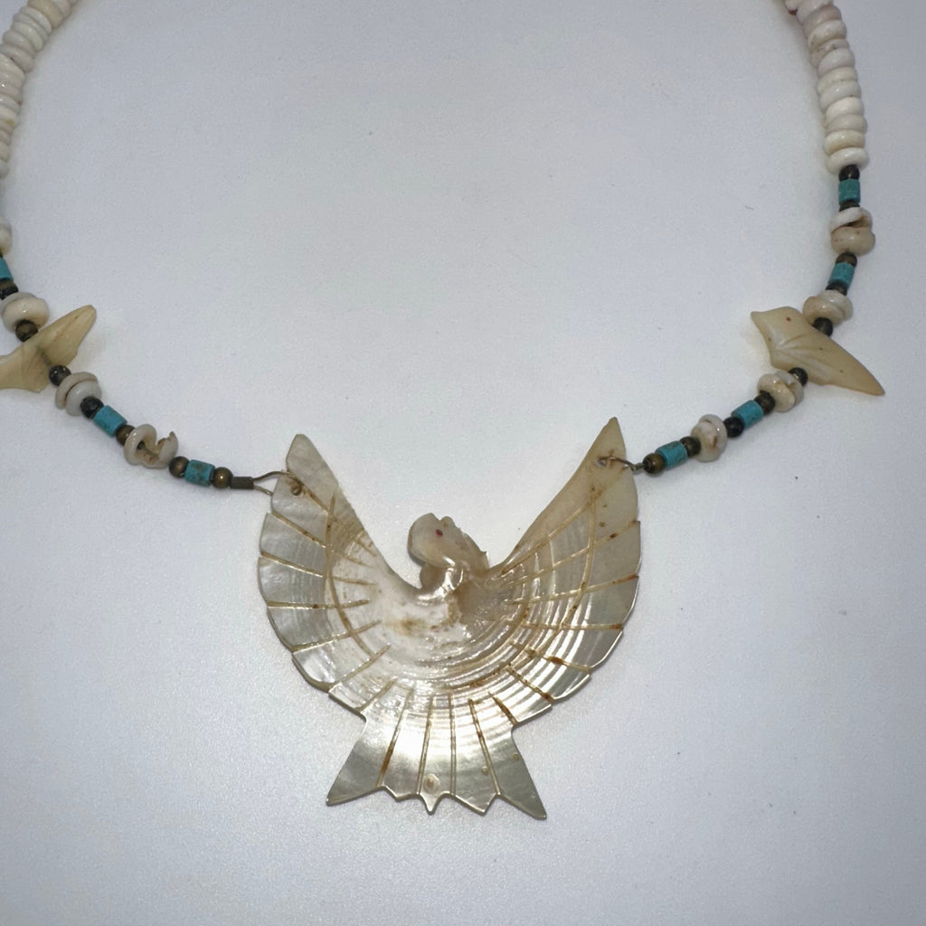 Native American carved mother of pearl fetish bird heishi beaded necklace