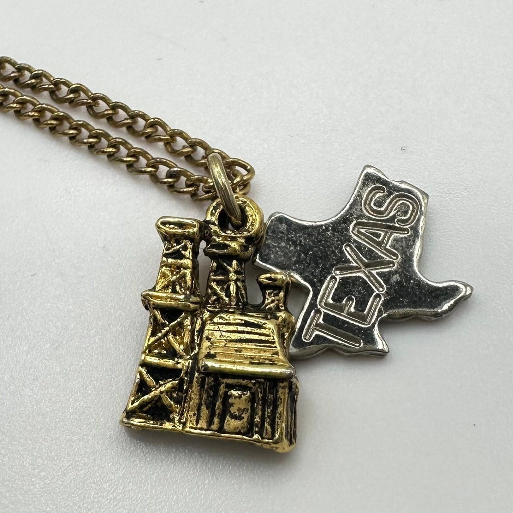 Gold tone nickel silver Texas oil derrick rig pendant charm 16" chain necklace