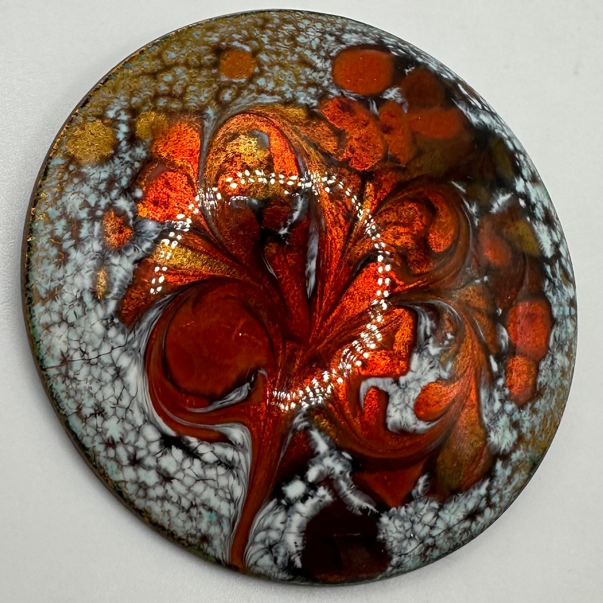 Inga vintage artisan fiery red orange white enamel round circular disc brooch