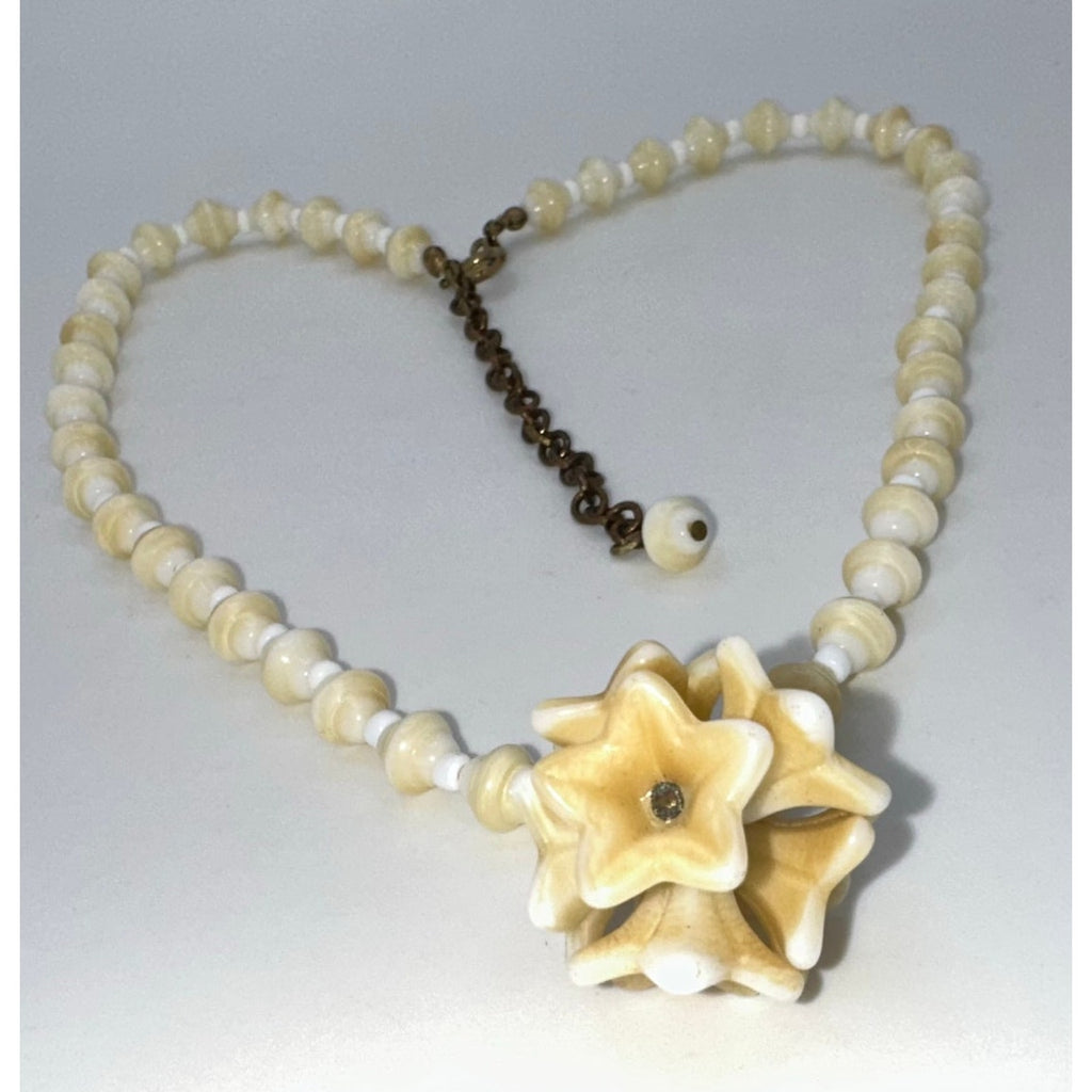 Antique vintage cream Czech glass pressed beads flowers beaded brass necklace