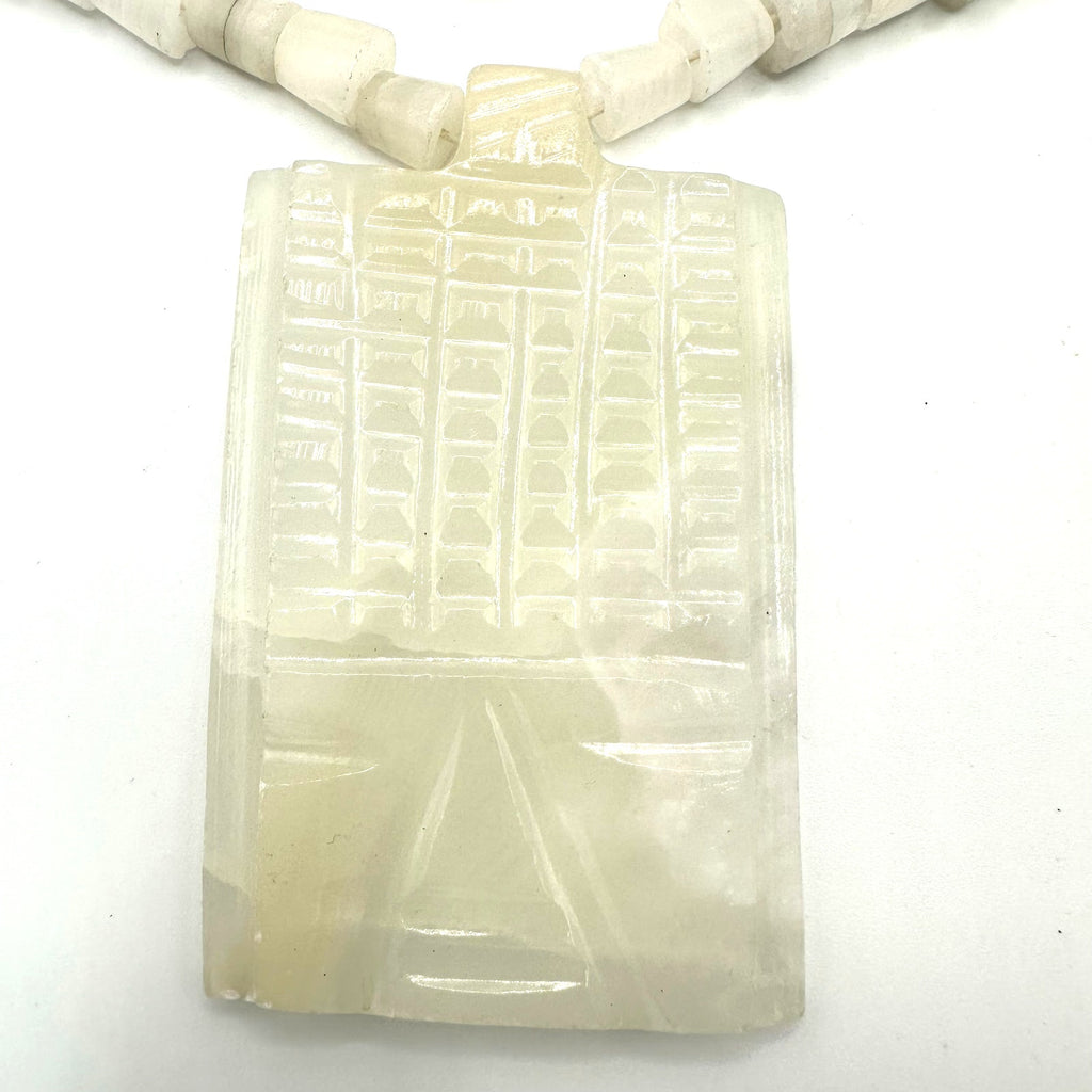 Vintage carved Mexican onyx white agate large face pendant beaded 28” necklace