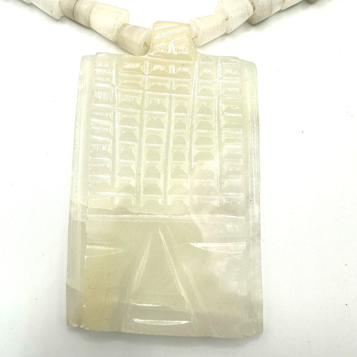 Vintage carved Mexican onyx white agate large face pendant beaded 28” necklace