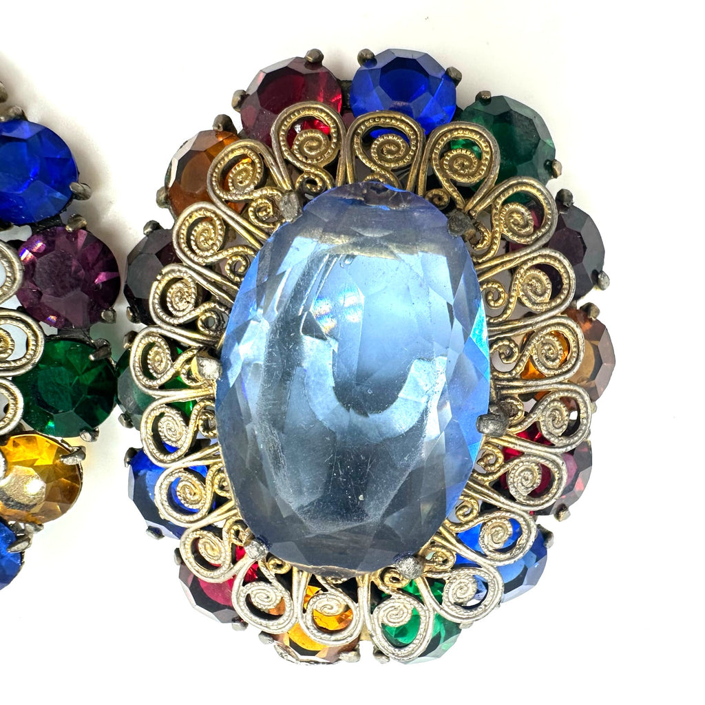 1930s 1940s Art Deco large multicolor Czech glass rhinestones set 2 dress clips