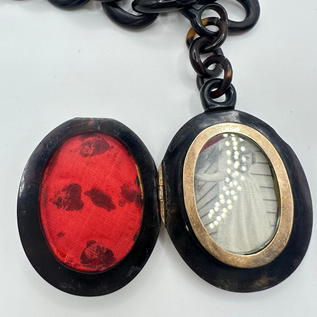 Antique Victorian 1800s Pique "faux" tortoise shell 14kt gold inlay locket chain