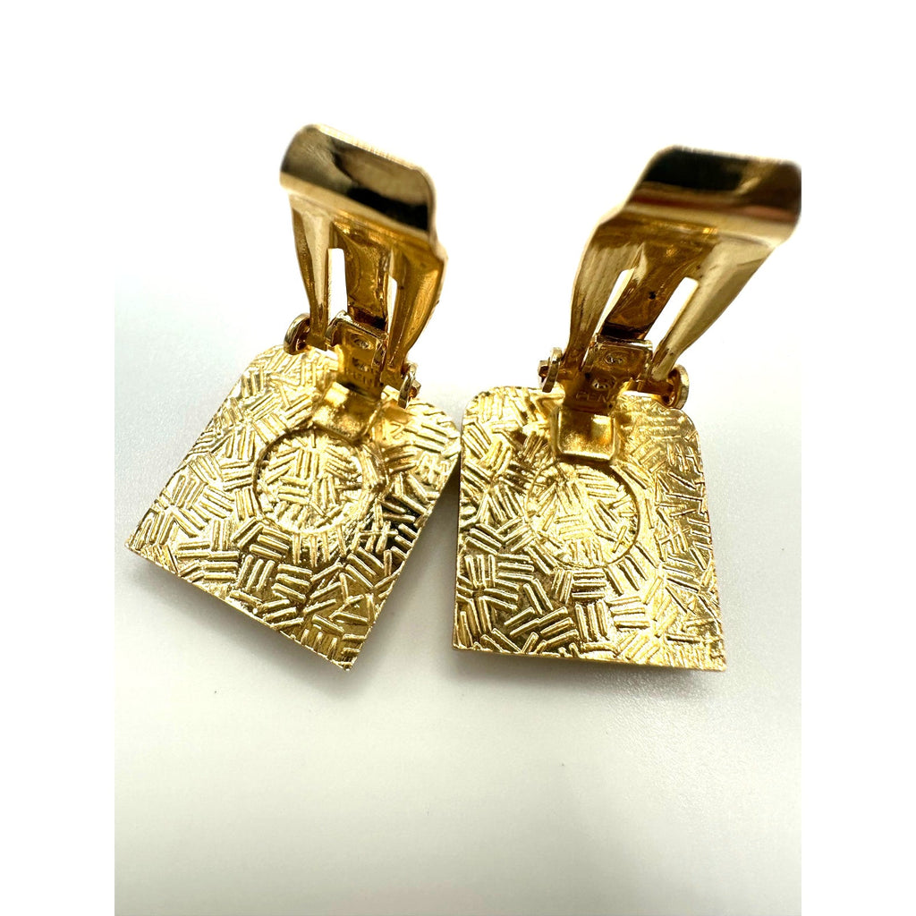 Vintage gold tone white enamel Heraldic shield fleur de lis clip on earrings
