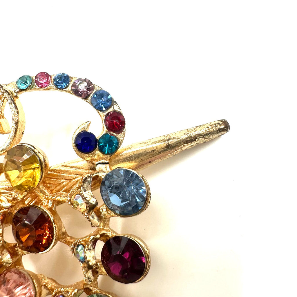Gold tone multicolor rainbow glass rhinestones barrette hair clip accessory