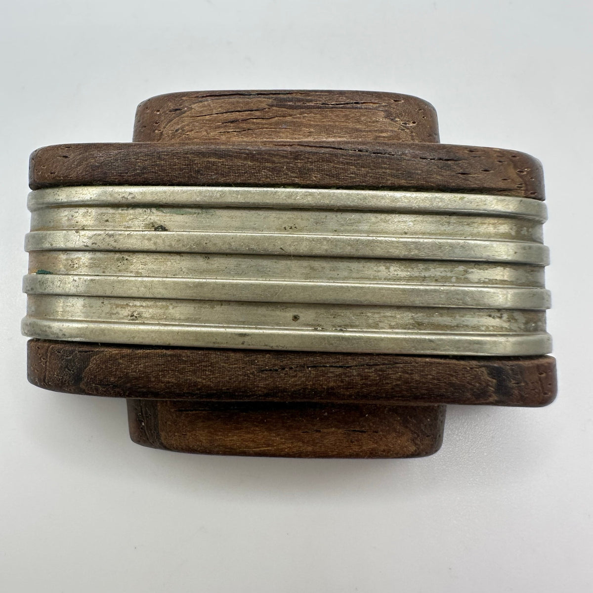 Antique Art Deco 1930s polished brown woodgrain wood silver tone brooch