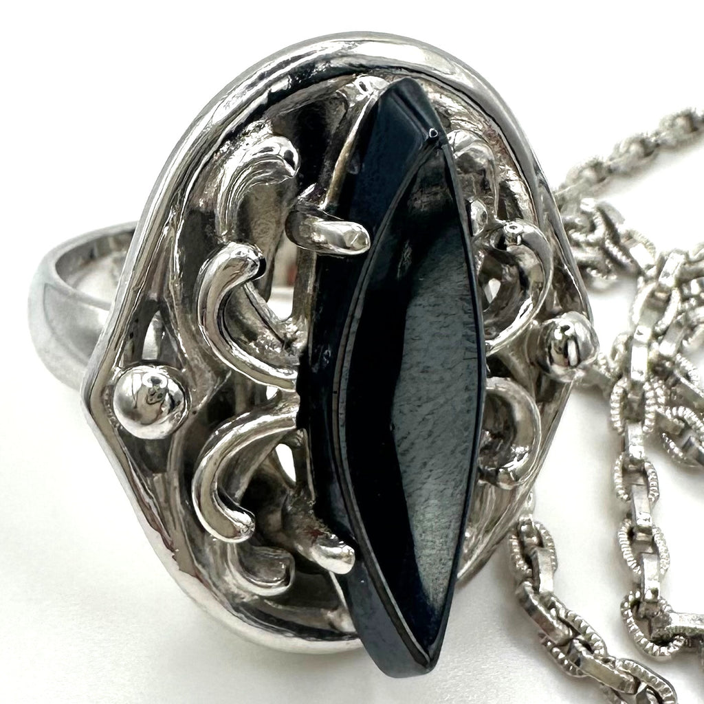 Whiting & Davis vintage silver tone faux hematite necklace ring clip on earrings