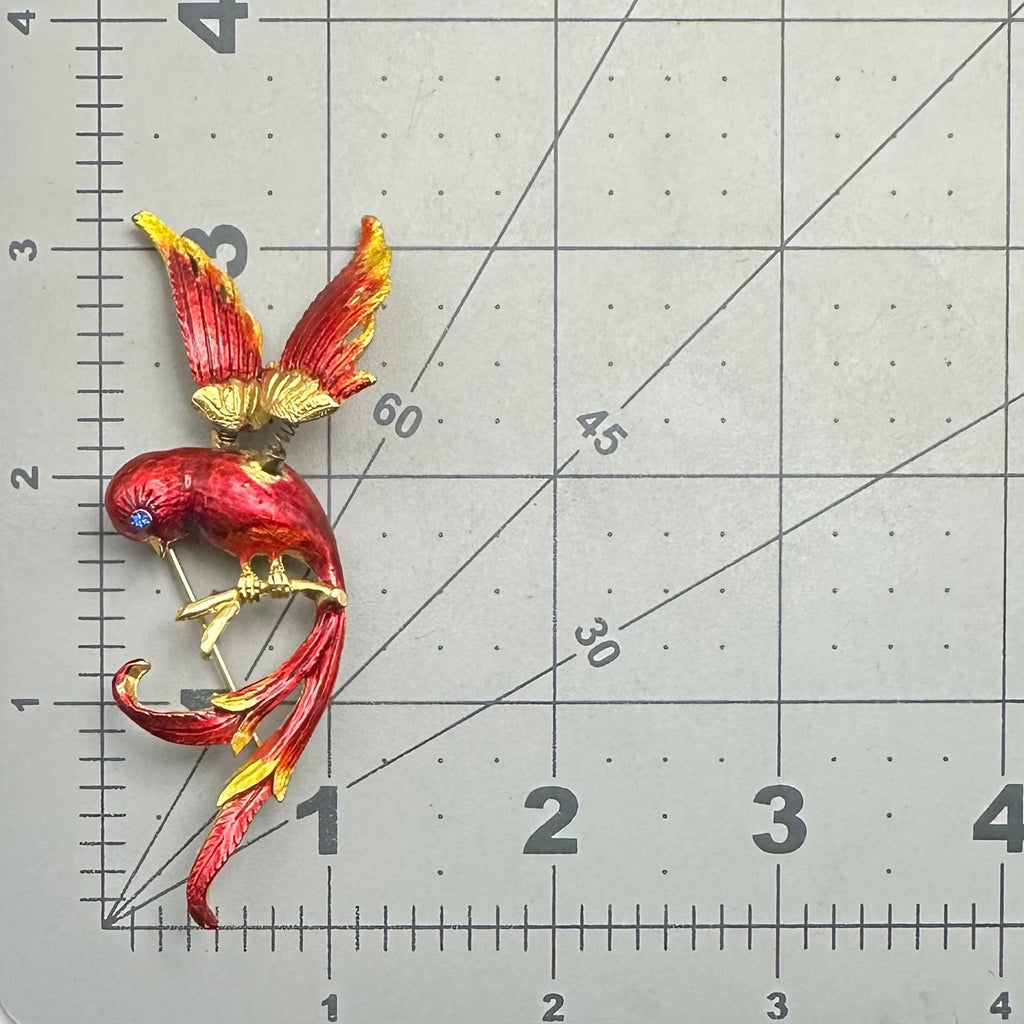 Vintage gold tone trembler en tremblant red enamel phoenix bird brooch