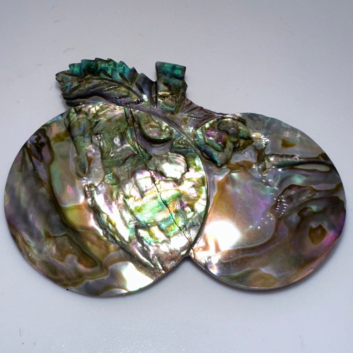 Handmade carved fruits iridescent rainbow abalone mother of pearl brooch pin