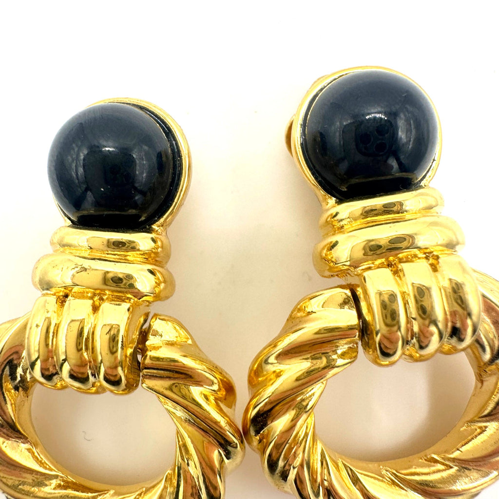 Replica signed vintage gold tone black lucite door knocker clip on earrings