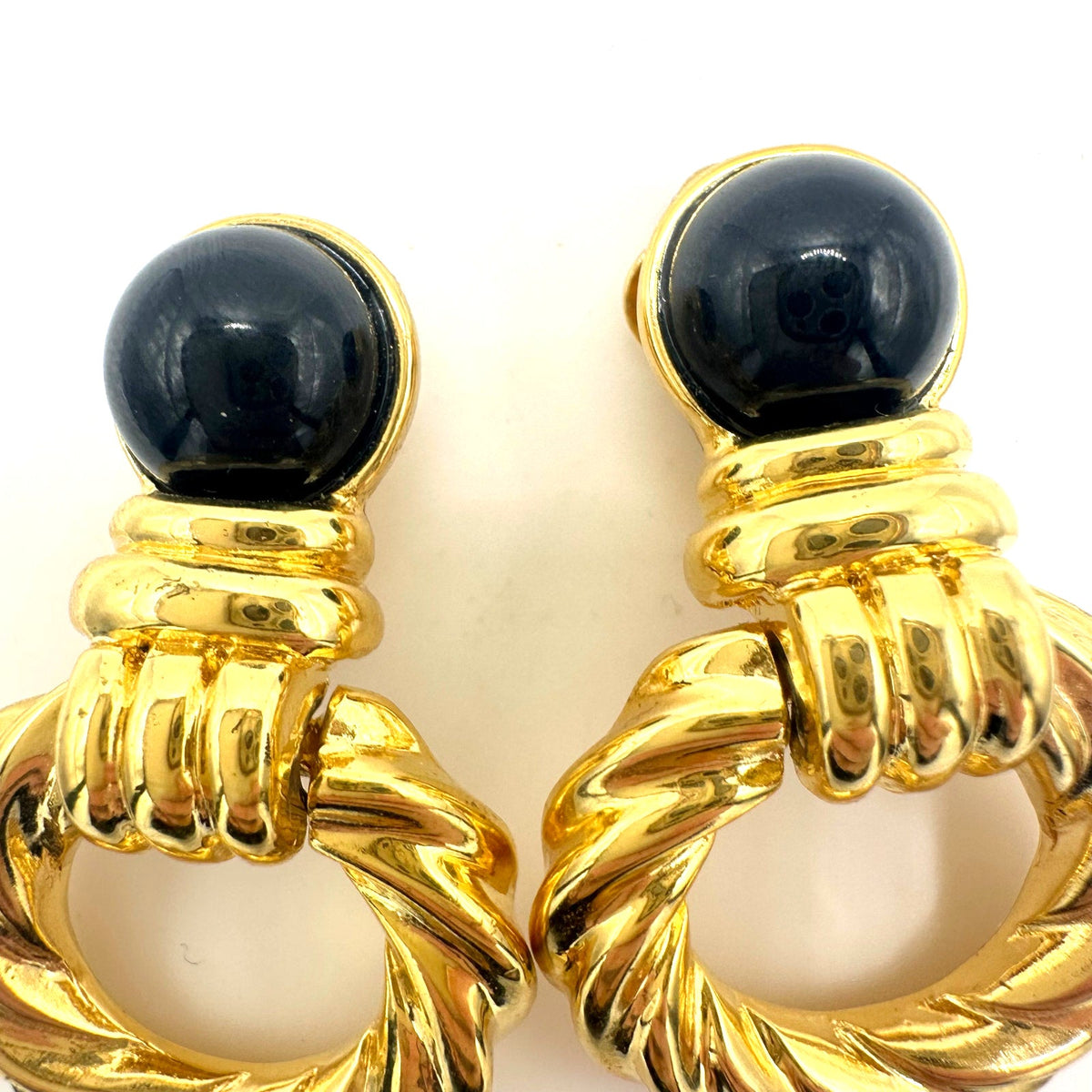 Replica signed vintage gold tone black lucite door knocker clip on earrings