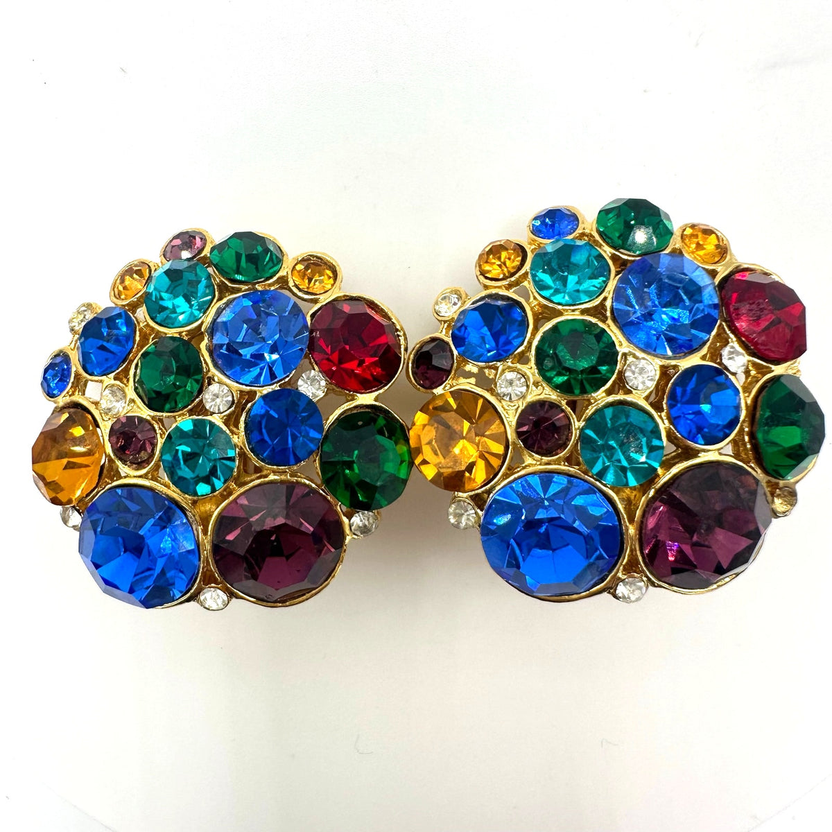 1980s 1990s vintage gold tone multicolor glass rhinestones clip on earrings