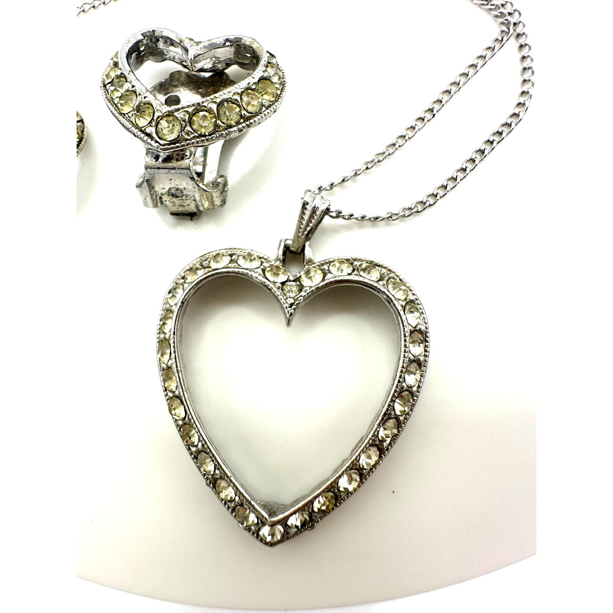 Bogoff vintage silver tone clear rhinestones heart necklace clip on earrings set