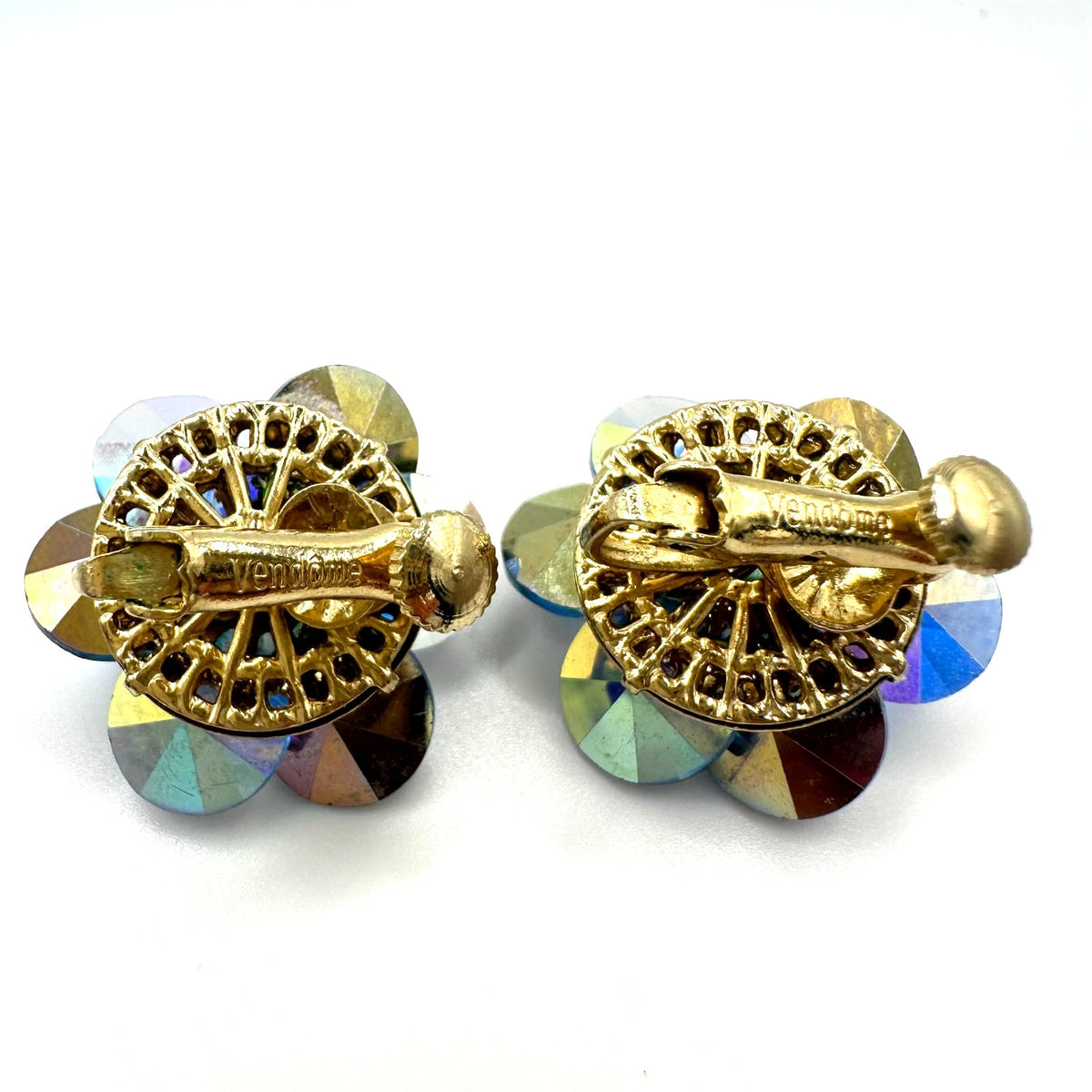 Vendome gold tone AB rivolis green glass beads beaded cluster clip on earrings