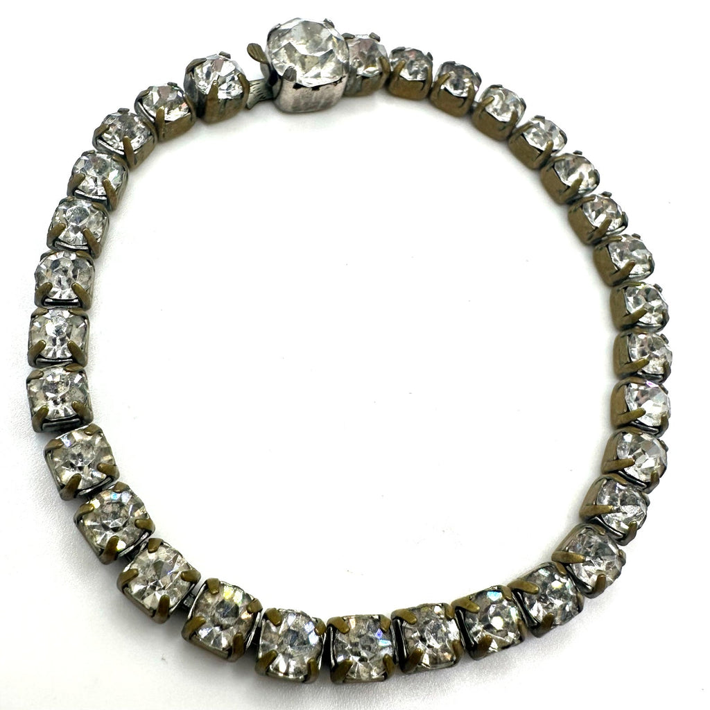 Antique vintage 1930s 1940s gold tone clear glass rhinestones tennis bracelet