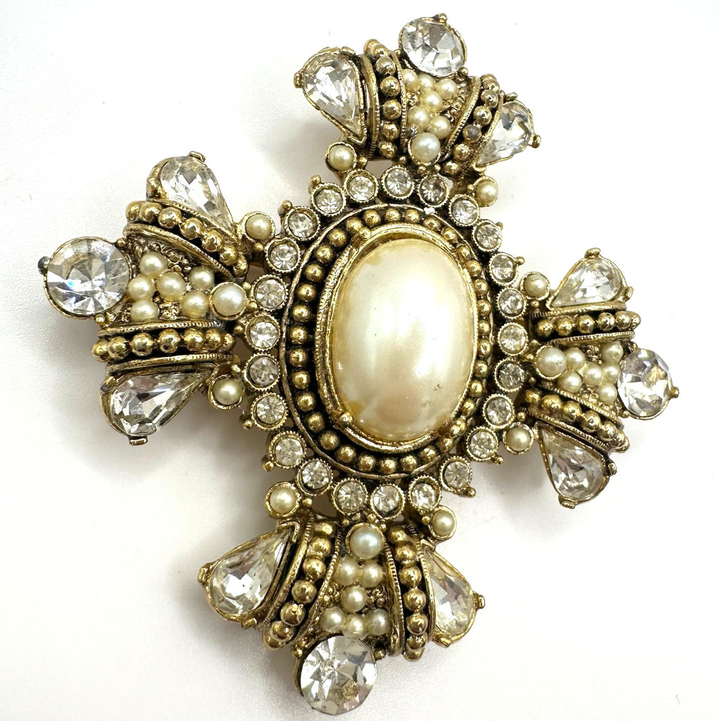 Vintage gold tone glass pearl cabochon clear rhinestones Maltese Cross brooch