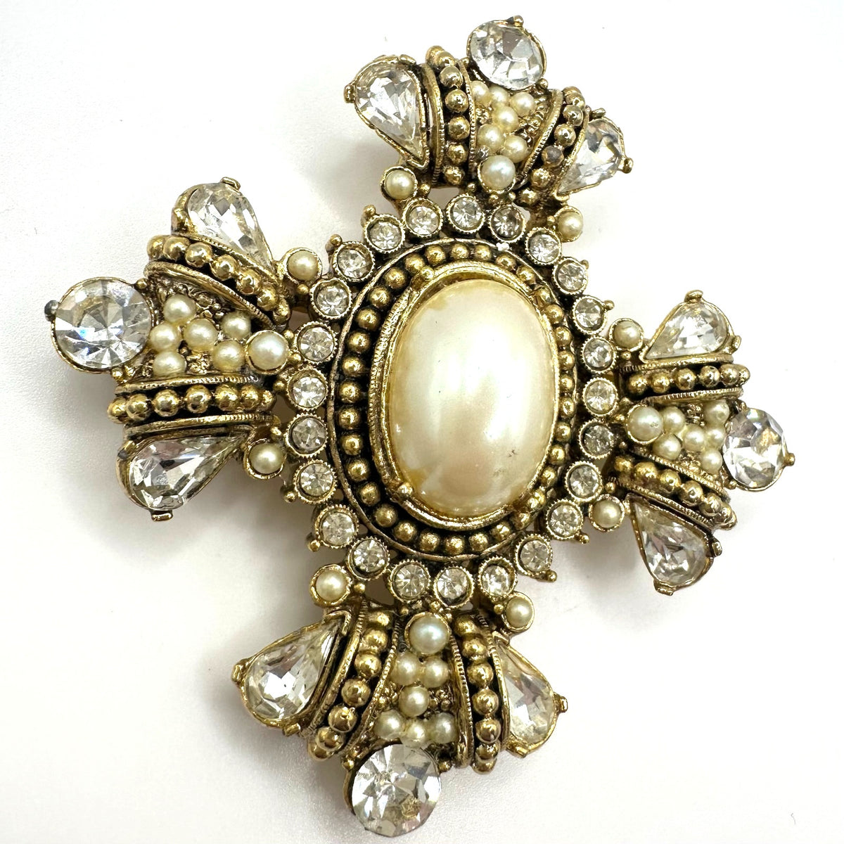 Vintage gold tone glass pearl cabochon clear rhinestones Maltese Cross brooch