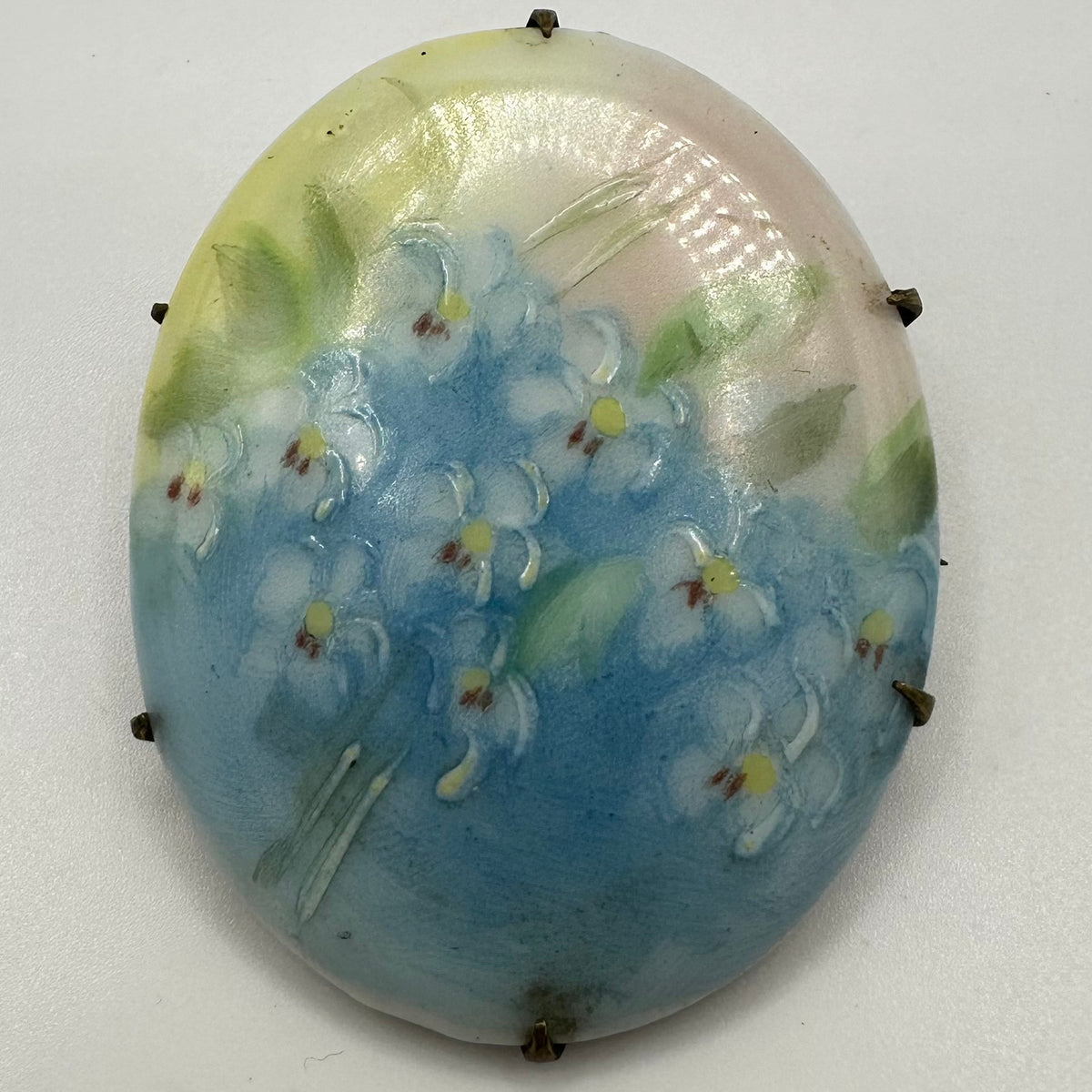 Antique Victorian Edwardian hand painted blue pink green floral brooch pin