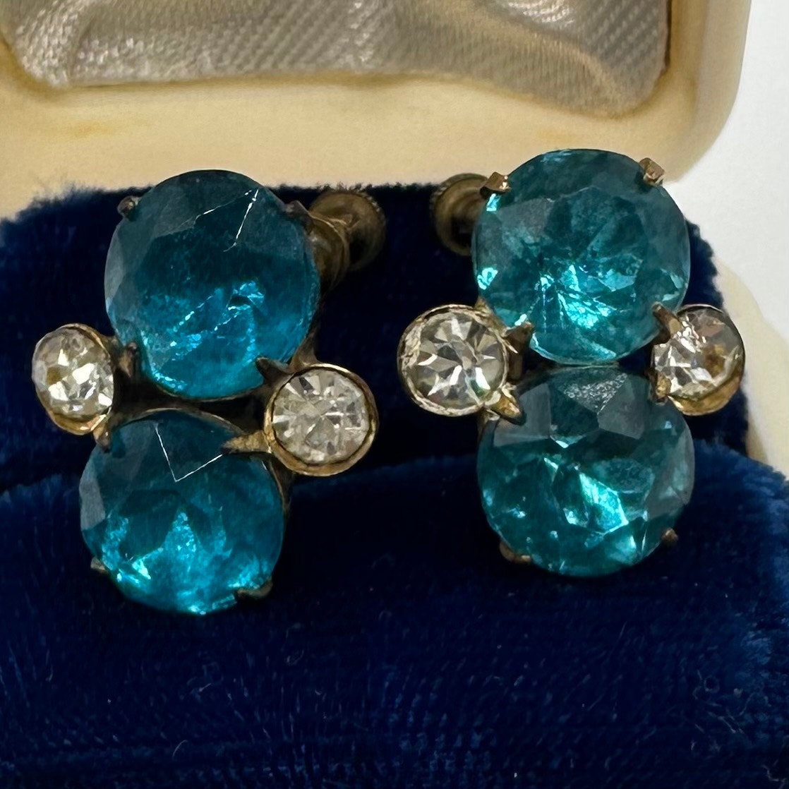 Antique gold tone blue Czech glass clear rhinestones screw back earrings