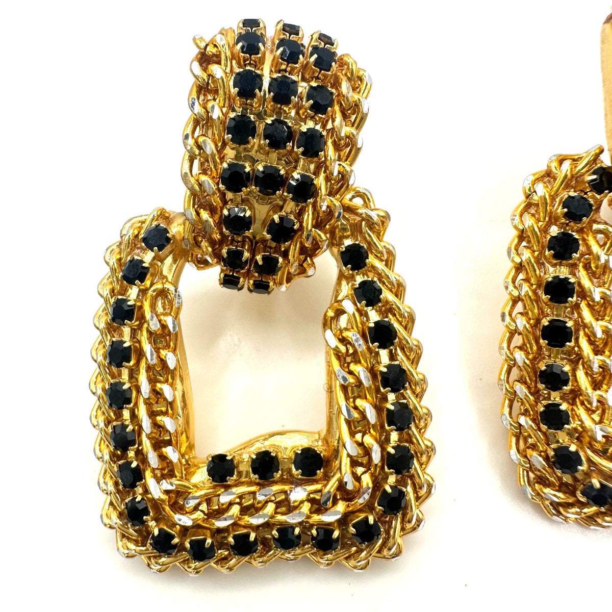 Vintage gold silver two tone black rhinestones door knocker clip on earrings