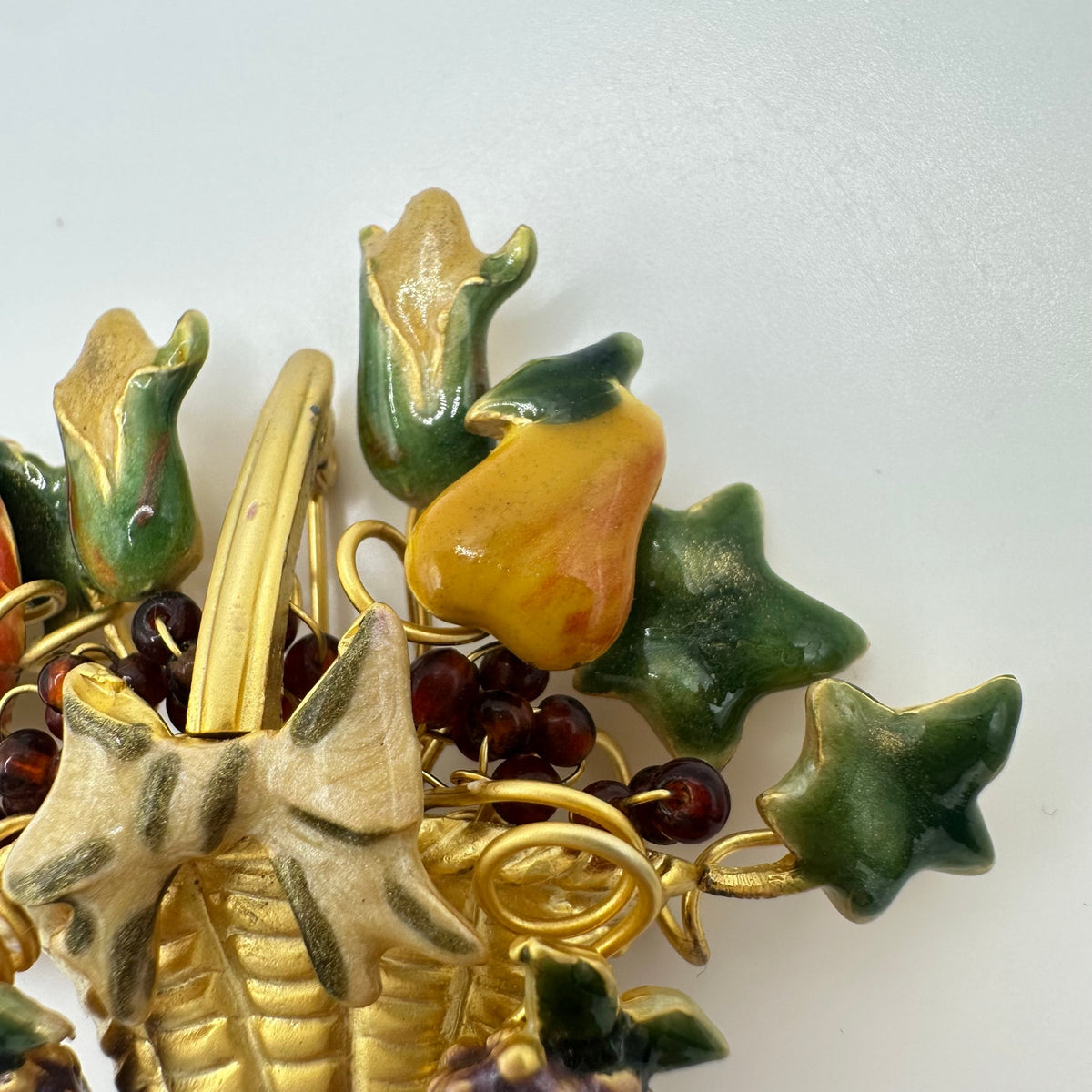 Vintage gold tone multicolor enamel fruits flowers floral basket brooch