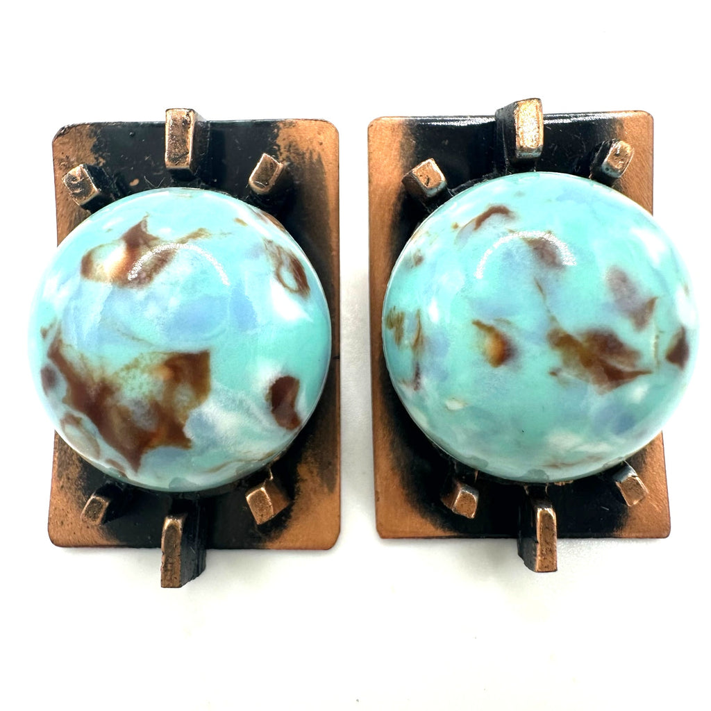 Midcentury vintage modernist copper turquoise lucite cabochons clip on earrings