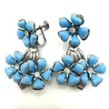 Vintage silver tone blue celluloid flowers rhinestone dangle screw back earrings