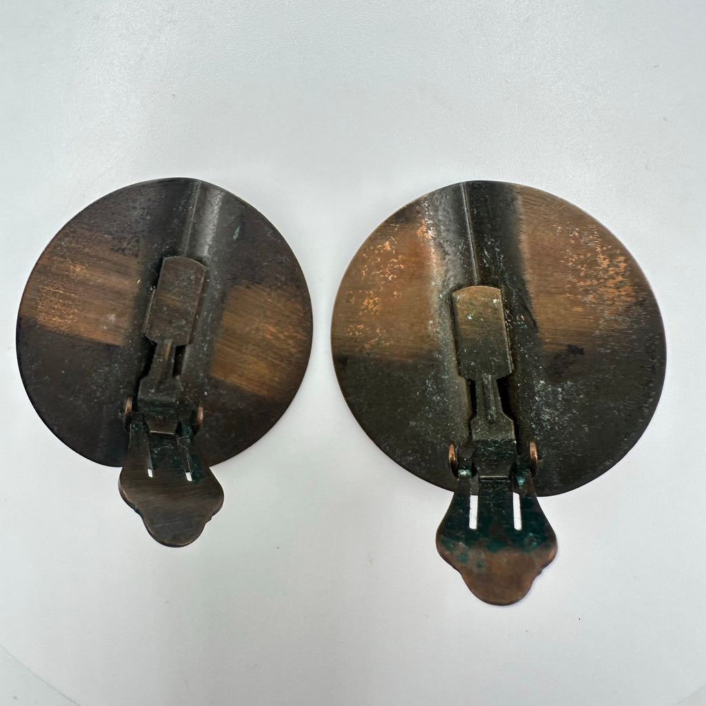 Vintage 1940s modernist solid copper brass round bent discs clip on earrings