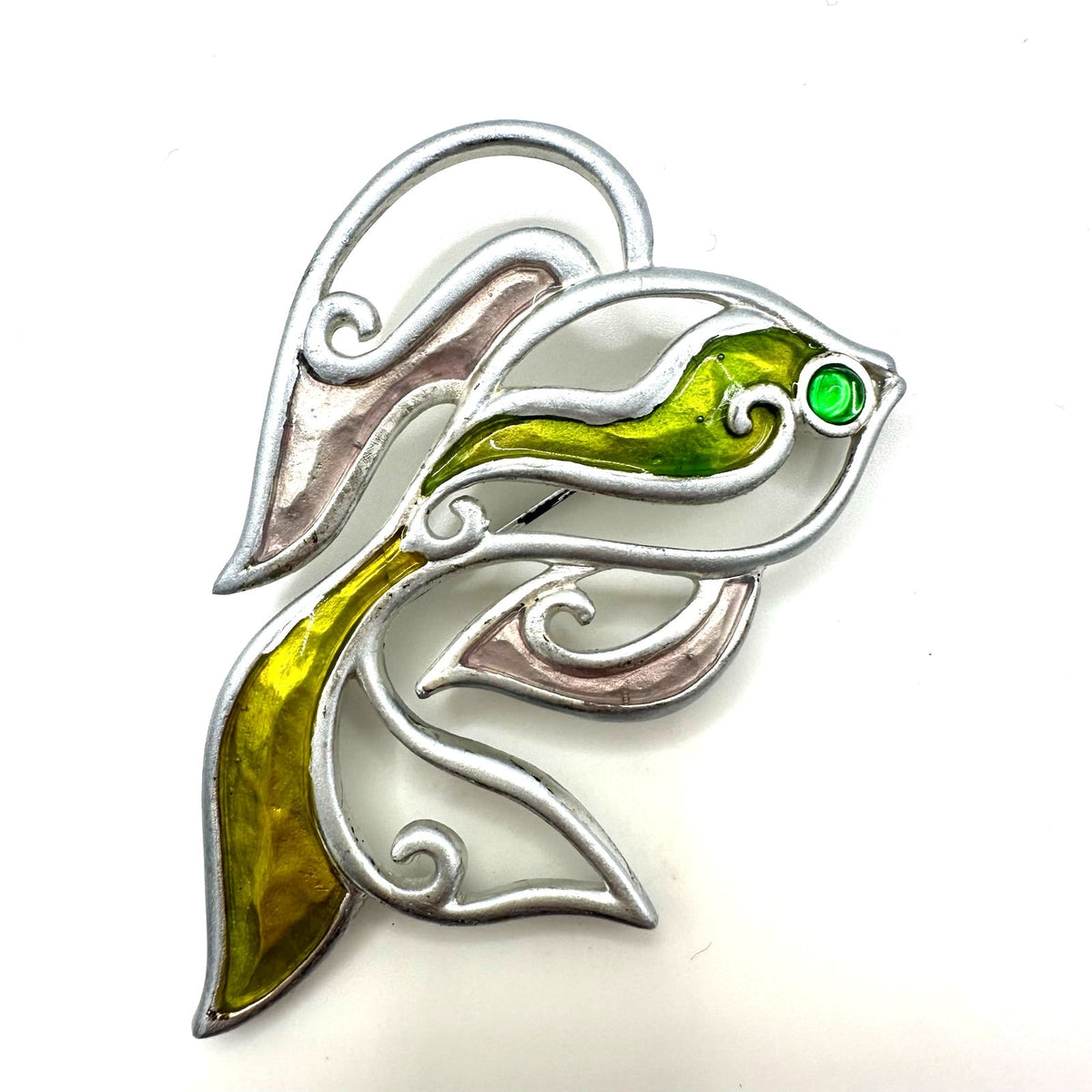 Givenchy vintage 1980s 1990s silver tone green enamel fish figural brooch