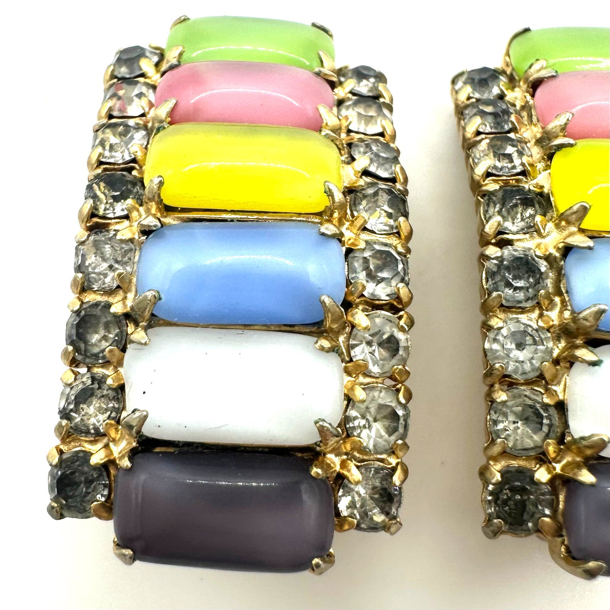Vintage gold tone multicolor satin glass cabochons rhinestones clip on earrings