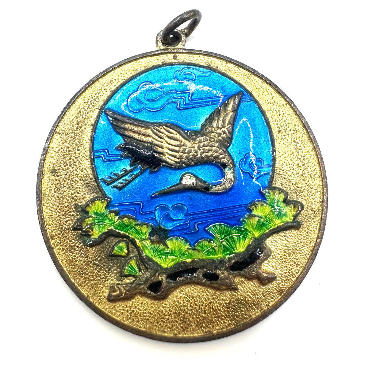 Chinese vintage gold tone cloisonné enamel crane bird disc round pendant