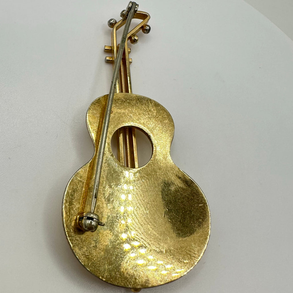 Krementz vintage 14kt yellow gold overlay plated large guitar brooch pin
