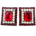 Vintage massive silver tone red rectangular glass rhinestones clip on earrings
